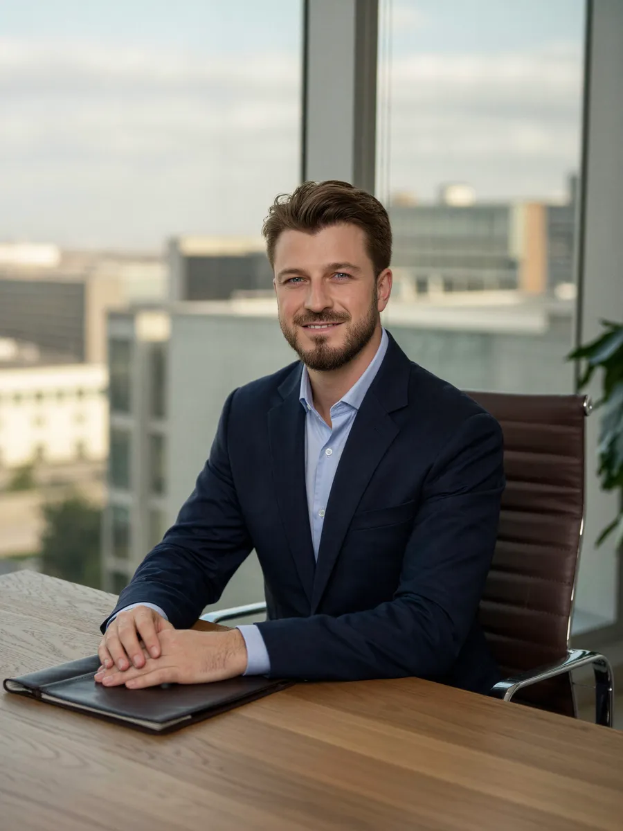 Dominik Devaja am Schreibtisch im Büro am Bahnhofplatz Zürich