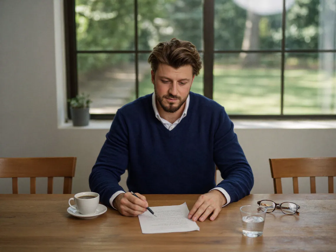 Dominik Devaja am Küchentisch mit Unterlagen