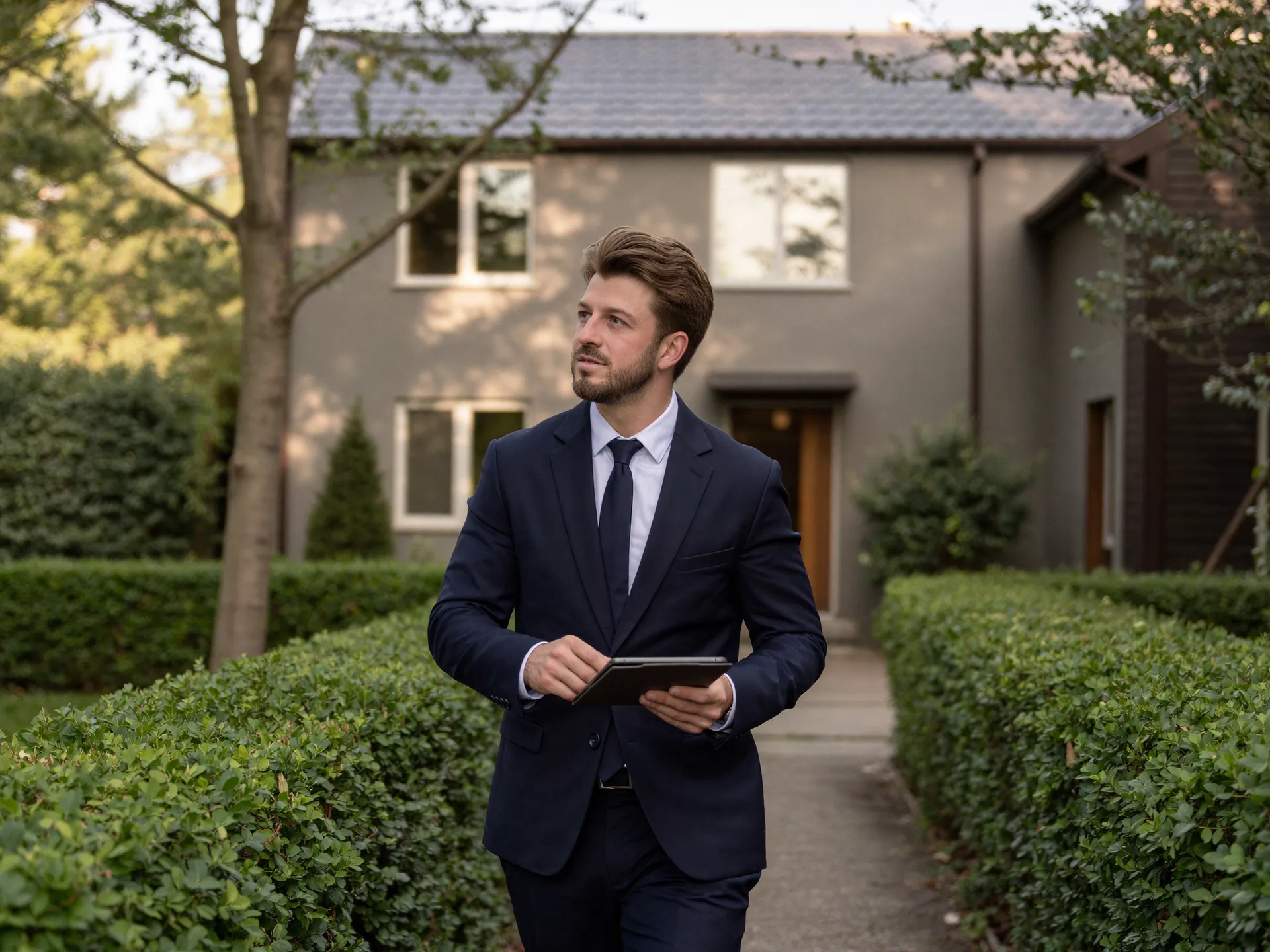 Dominik Devaja begutachtet ein Einfamilienhaus vor Ort – Immobilienbewertung