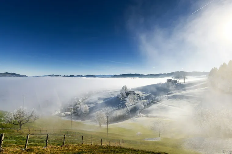 Hügel mit Raureif und verstreuten Höfen über dem Nebelmeer