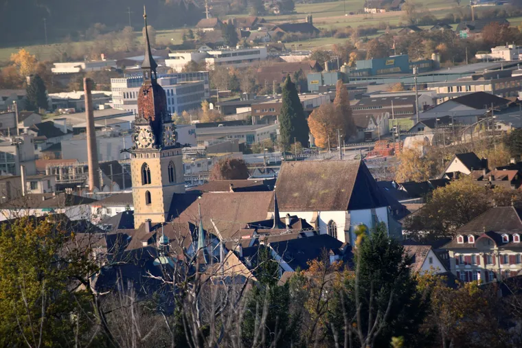 Kirchturm mit Uhr über den Dächern der Altstadt von Zofingen, davor Bäume in Herbstfarben