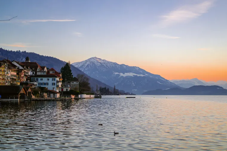 Häuser am Ufer des Zugersees im Abendlicht, dahinter die Rigi